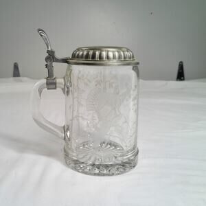 Vintage ALWE Glass Beer Stein w/ Pewter Lid Etched Game Birds